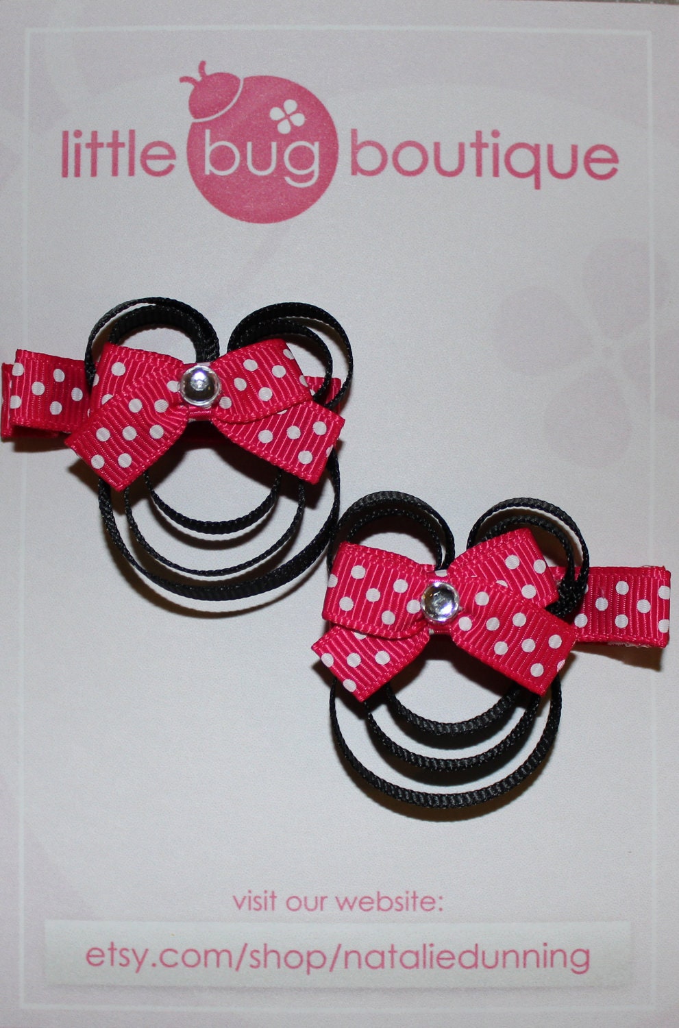 MINNIE MOUSE Set of 2 Hot Pink Dot Bow Disney Inspired Princess Hair Clips Bows