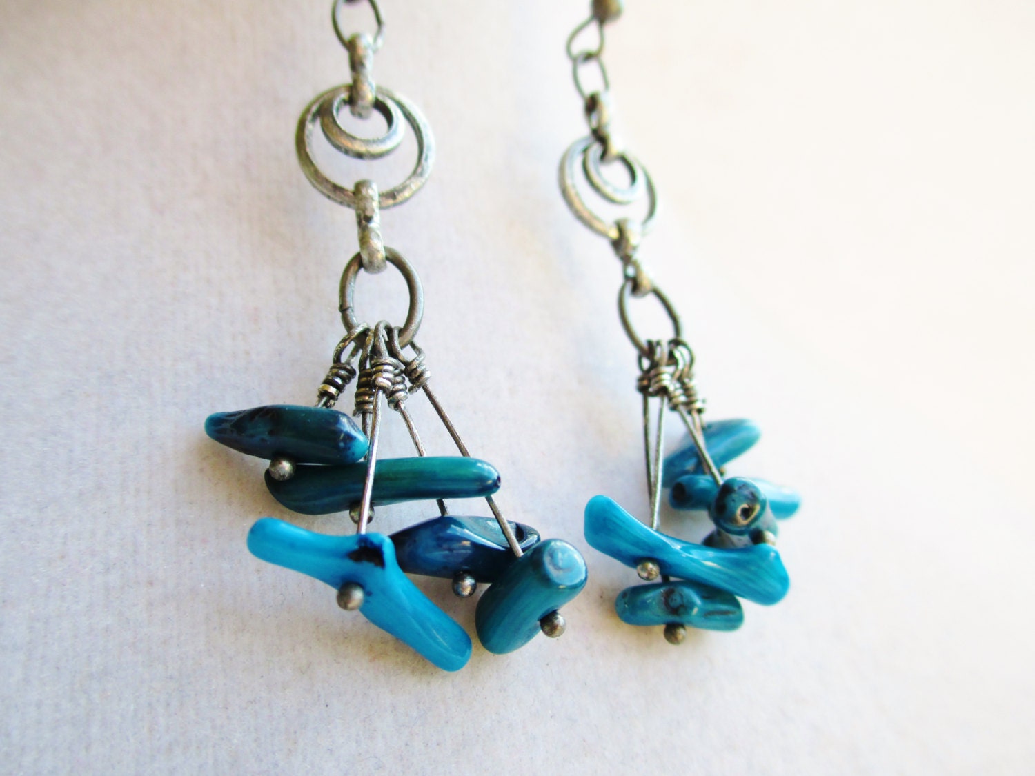 Boho Coral Earrings With Dark Blue Coral Sticks & Gunmetal Rings