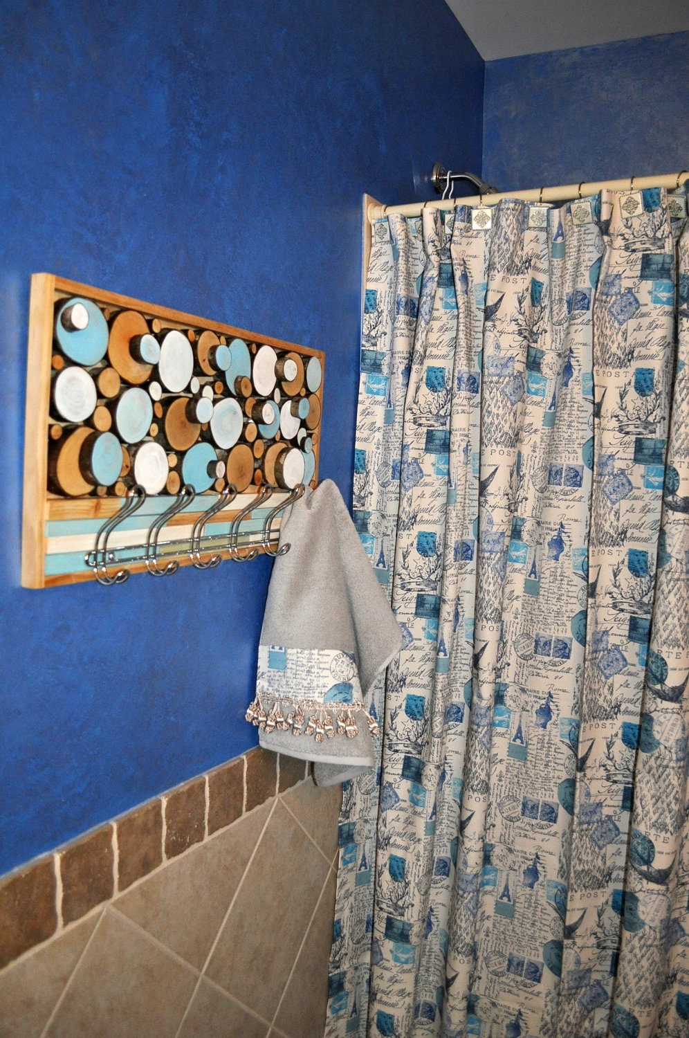 Shower Curtain in BLUE French Amore script 72x72 by KOdesigning