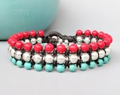 Candy Season Coral and Turquoise Stone Triple Row Macrame Bracelet
