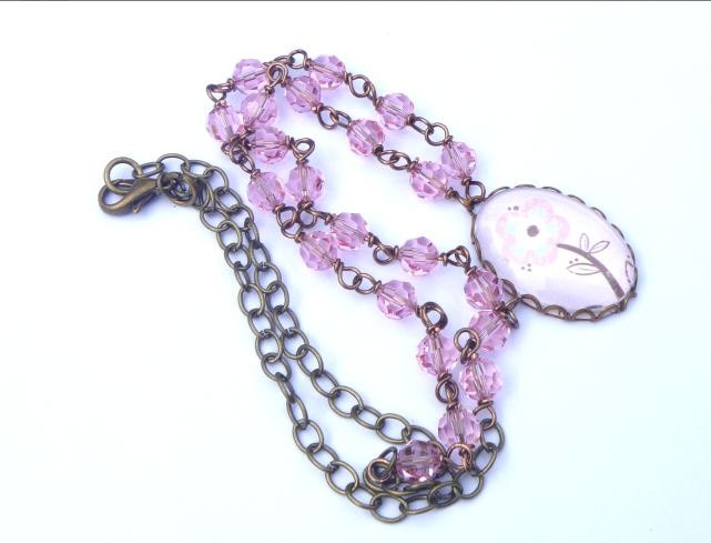 Shabby Chic Style Necklace.  Swarovski Beads.  Flower Pendant.