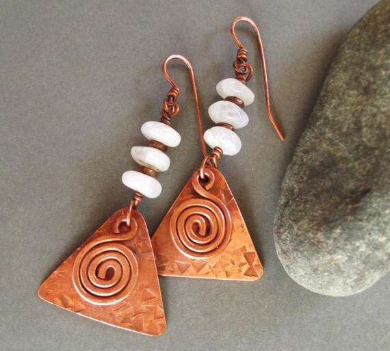 Moonstone Earrings Hammered Copper Earrings by SeventhWillow