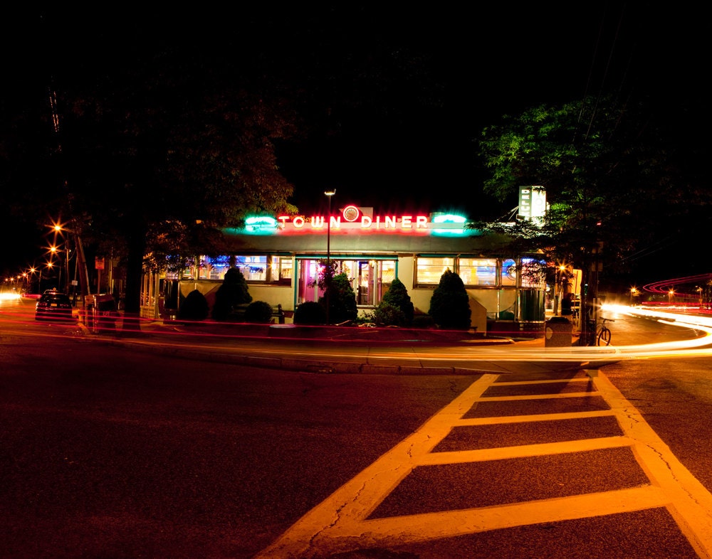 Vintage Deluxe Town Diner - READY TO SHIP - Retro Kitchen Decor - Neon Sign at Night - Newton Boston  Wall Art - 11X14 Fine Art Photograph