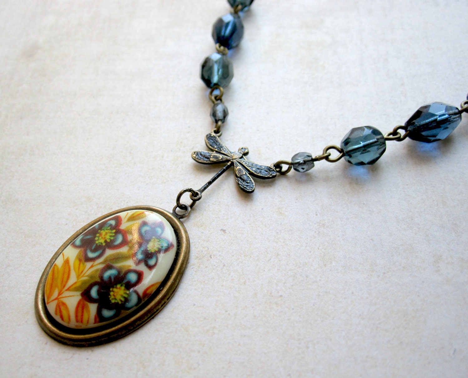 Dragonfly & Flowers Necklace - Woodland Jewelry - Autumn Jewelry - Blue - Beaded Necklace - Chain - Gift Under 50