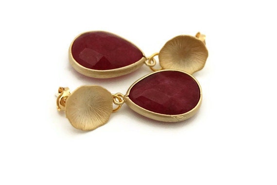 Cranberry Red jade teardrop matte gold earrings bohemian diwali