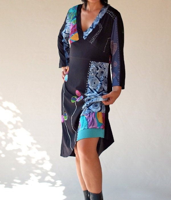 Patchwork/Upcycled hand made Applique Dress/Mixed fabrics long dress /plus size