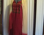 Reconstructed Recycled EcoFriendly Ladies' Dress Sz Medium Cranberry Linen with Indian Tunic Parts and Scarf
