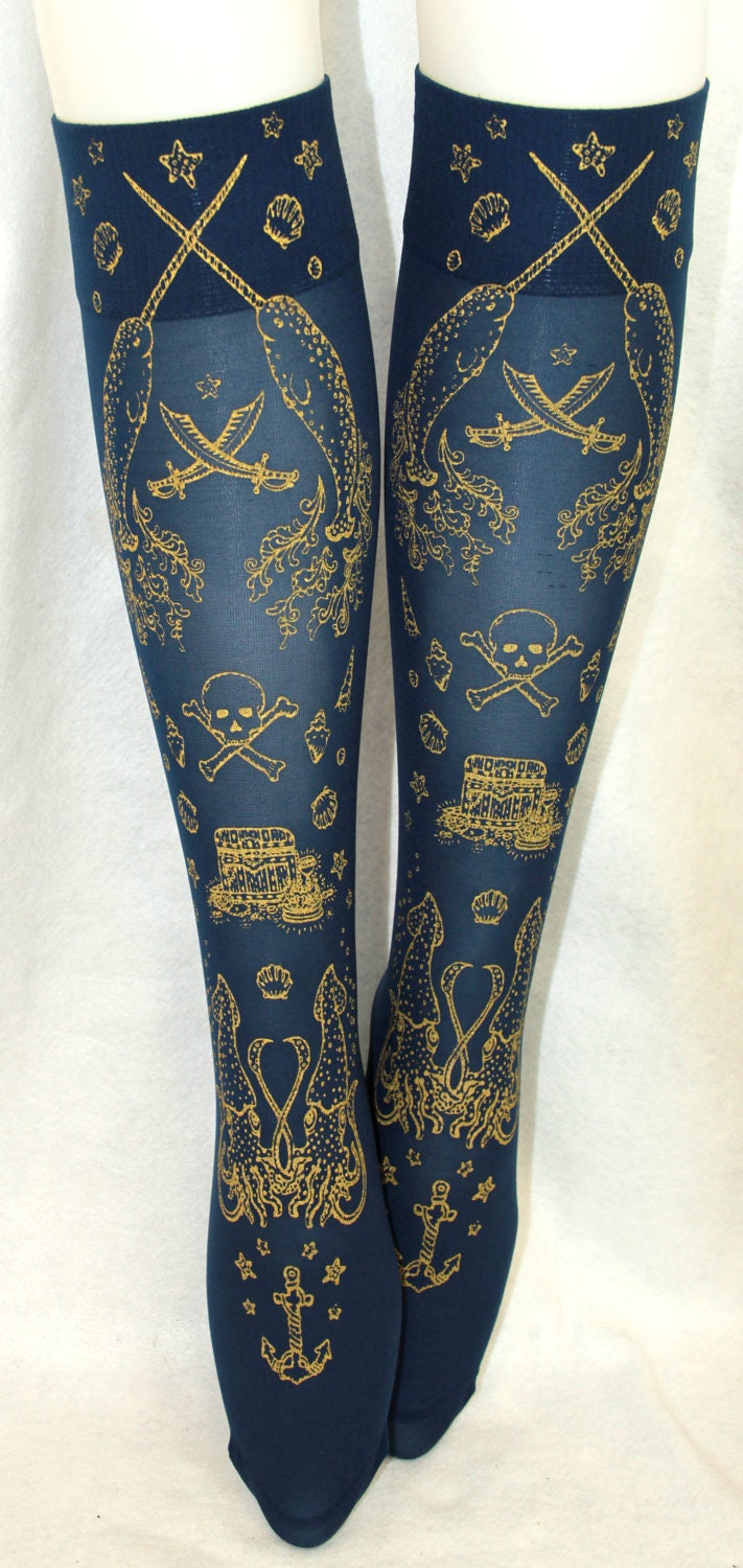 Nautical Pirate Narwhal Socks Stockings Knee High Hold Ups Printed Small Medium Gold on Navy Blue Women Anchor Octopus Sailor