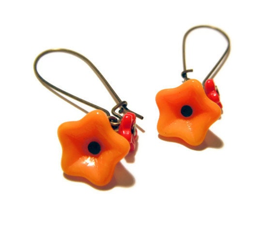 Orange Flower Drop Earrings - Orange & Red Flower Earrings