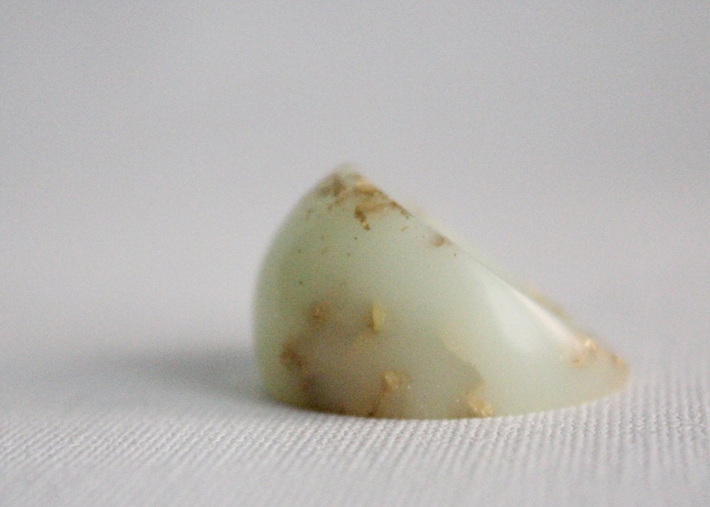 pale mint dome ring with suspended gold flakes eco resin