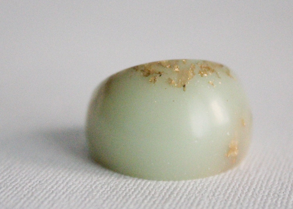 pale mint dome ring with suspended gold flakes eco resin