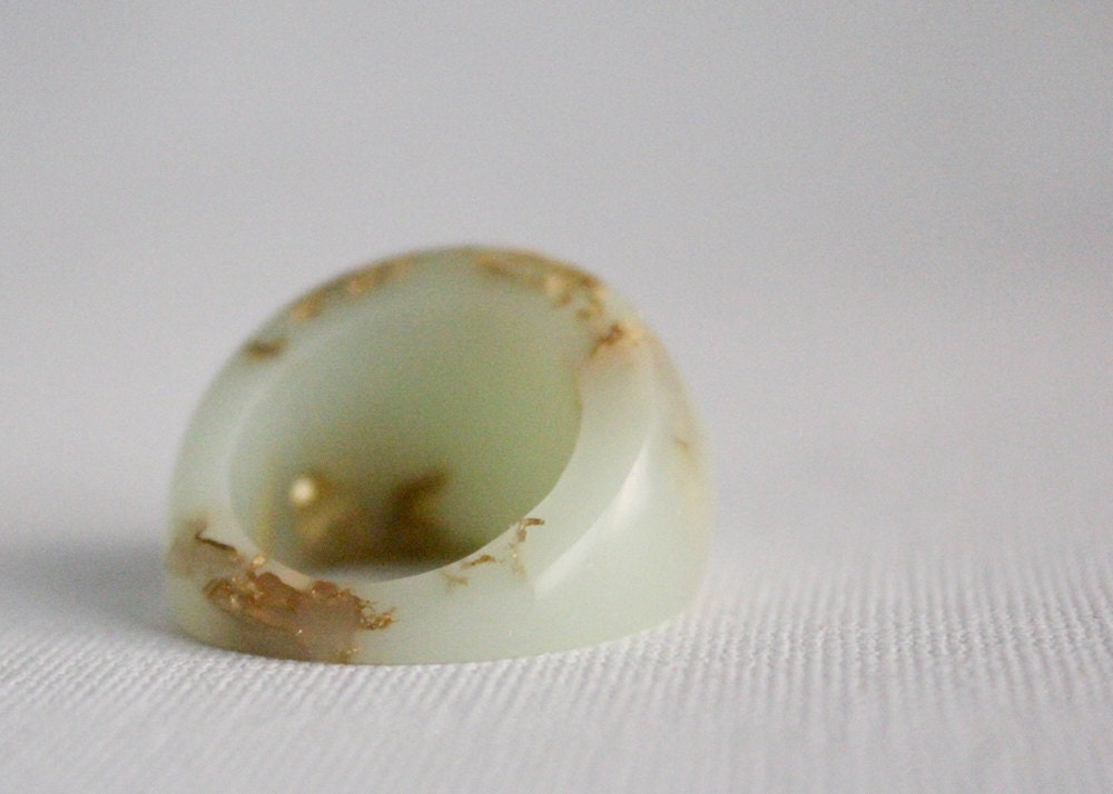pale mint dome ring with suspended gold flakes eco resin