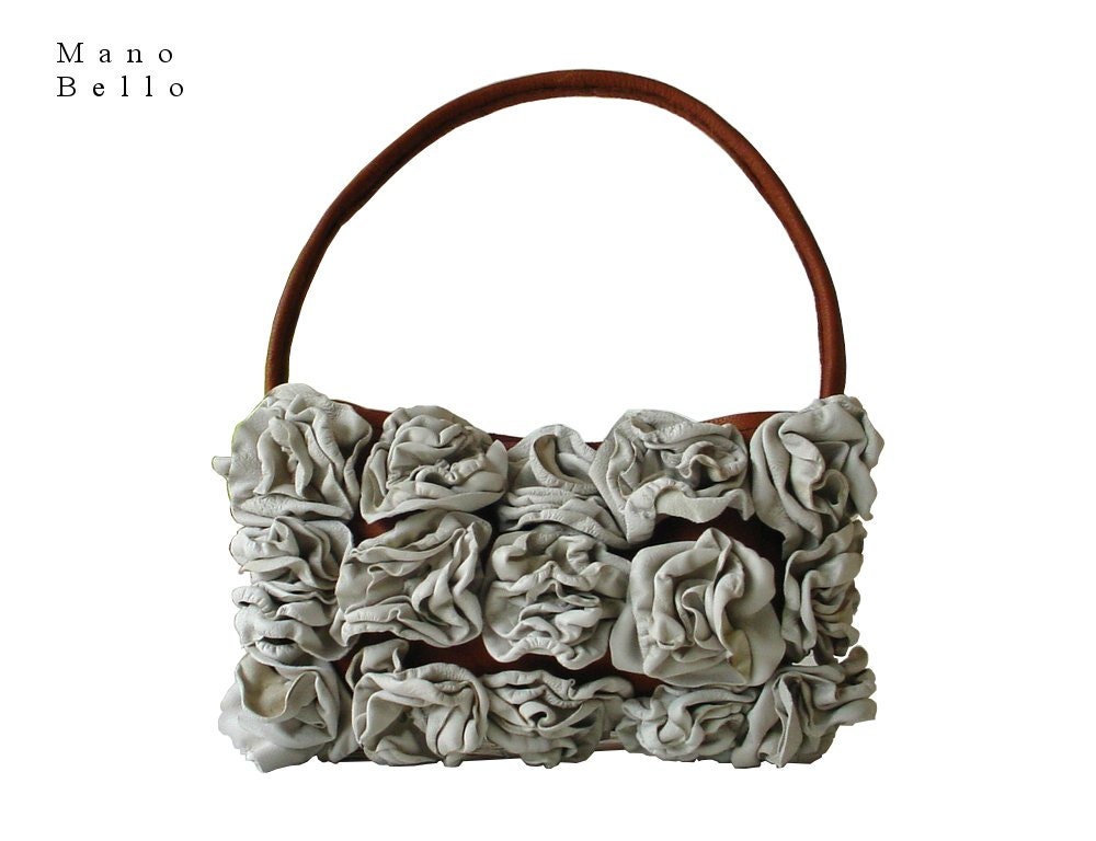 Leather Flower Bag, Leather Flower Purse, Demi Bag, Small Flower Handbag, Oyster White & Tan Leather Bag  in stock