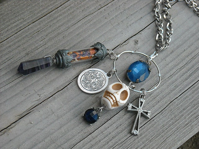 Bottle Necklace, Vial Necklace, Charm Necklace, Skull, Cross, Found Objects, Steampunk, Amethyst, Blue Gemstones,
