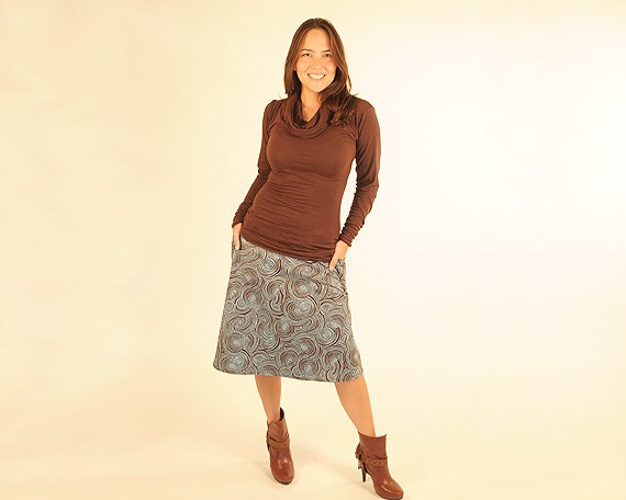 Skirt for Women - A Line  - Pockets -Organic Cotton - Brown Turquoise - Eco Friendly - Organic Clothing