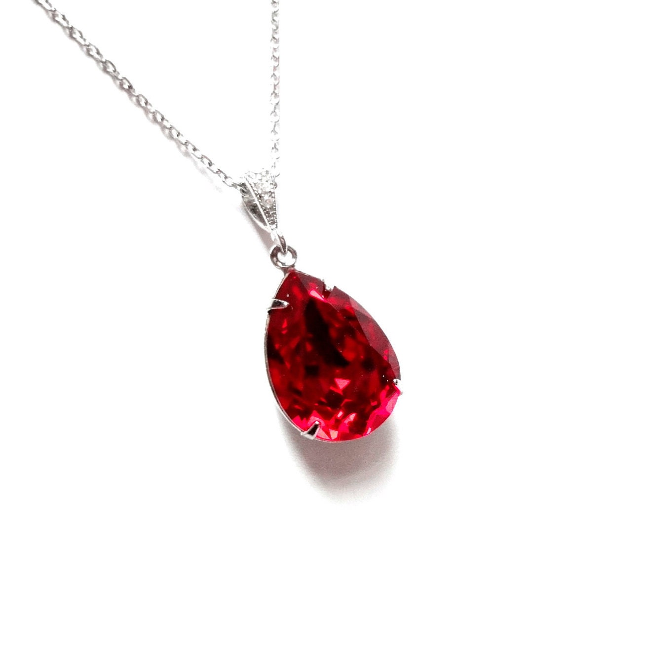 July Birthstone Siam Red  Swarovski Crystal Estate Dangle Necklace with White Gold Plated Luxury Chain and Cz Pendant Bail