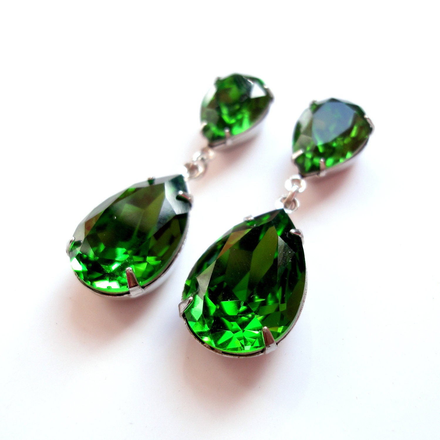 Fern Green Angelina Jolie's Inspired Estate Style Dangle Post Earrings with Swarovski Crystals