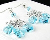Filigree Crystal Heart Chandelier Earrings in Light Turquoise