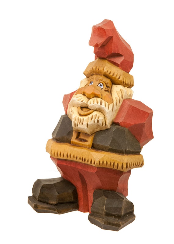 Hand Carved Wooden Santa in Traditional Red Coat, Black Belt with Hands Behind Back