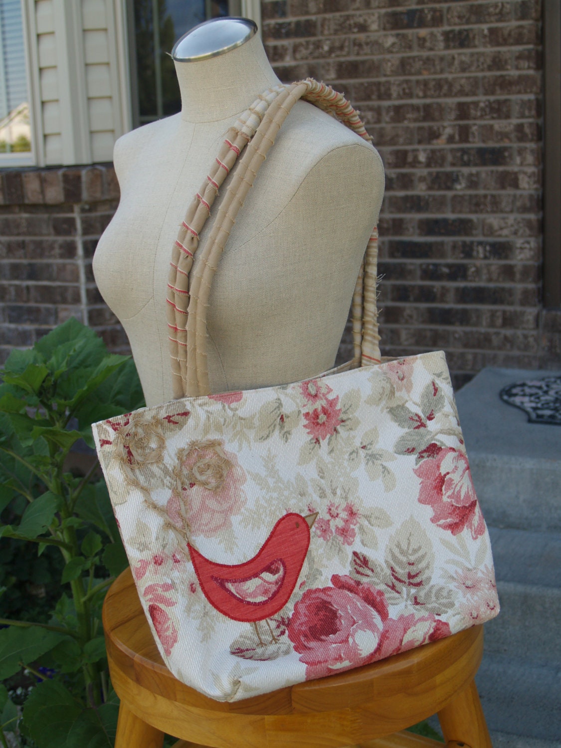 Hand Made Large Pink and White Floral Purse with Appliqued Bird