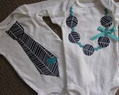 Brother and sister combo, applique tie and applique necklace, navy and turquoise