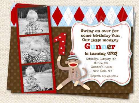 Sock Monkey Birthday Invitations