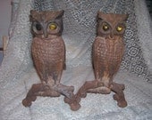 Rare Americana 1800's Primitive Antique Wrought-Cast Iron Fireplace Andirons Owls with Yellow Glass Eyes