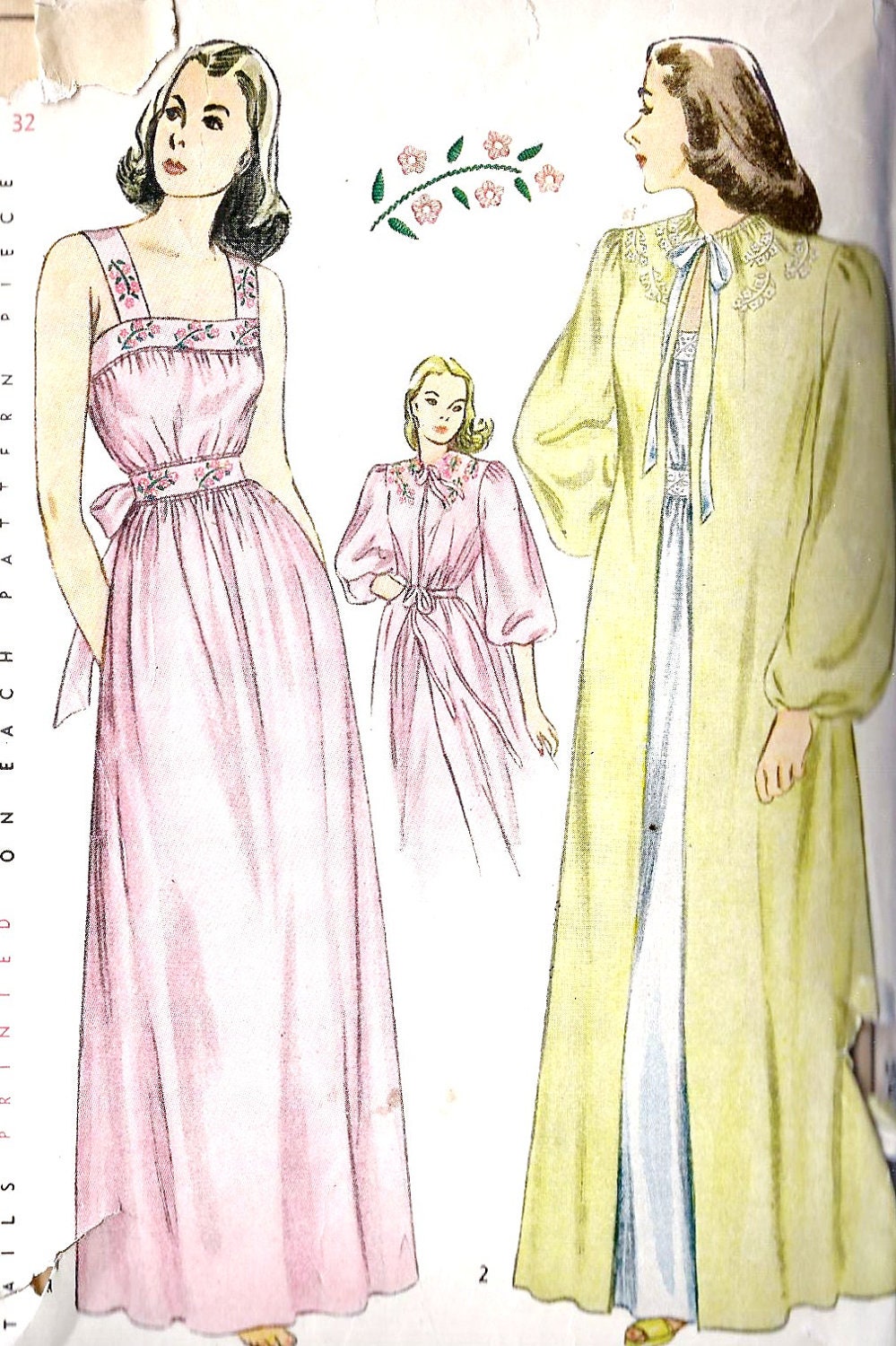 1940s Misses Nightgown and Negligee Vintage Sewing Pattern, with Beautiful Embroidery Simplicity 1798 Bust 32"