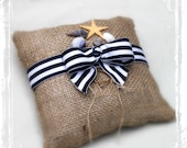 Nautical Bulap Ring Bearer Pillow - Yacht Club Wedding - Beach Weddings - Boat, Ship - Navy And White With Seashells - Summer Fall
