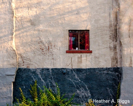 The Red Window, blue, white, cream, white, house