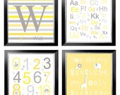 You are my sunshine, Alphabet, Numbers and Letter Initial quad set in yellow and grey for boy or girl 11.5 x 11.5 by YassisPlace