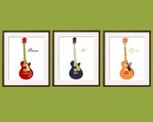 Guitar Nursery or Toddler wall art in navy red orange yellow blue 3 prints 8X10 by Yassisplace