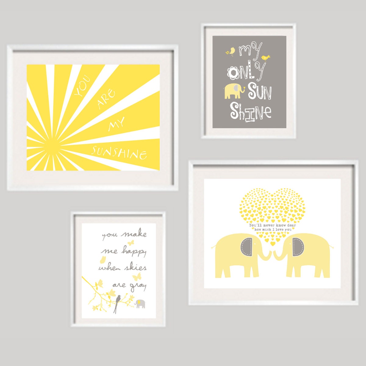 Nursery Decor Elephant You Are My Sunshine Nursery Art, Yellow and Grey Prints for girl or boy 11x14 and 8x10 - UNFRAMED Prints