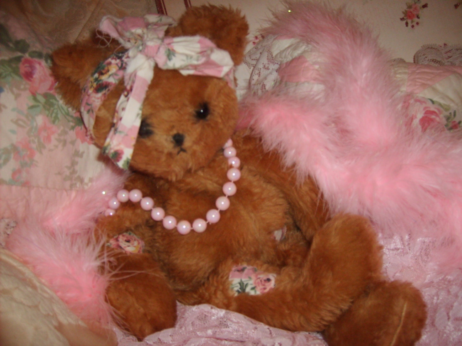 Sale.....PRINCESS Pink  Roses SHABBY CHIC  Vintage Teddy Bear  Bridal Bow Romantic  Home Decor  Pink Roses  Ooh La  La  Marie Antoinette