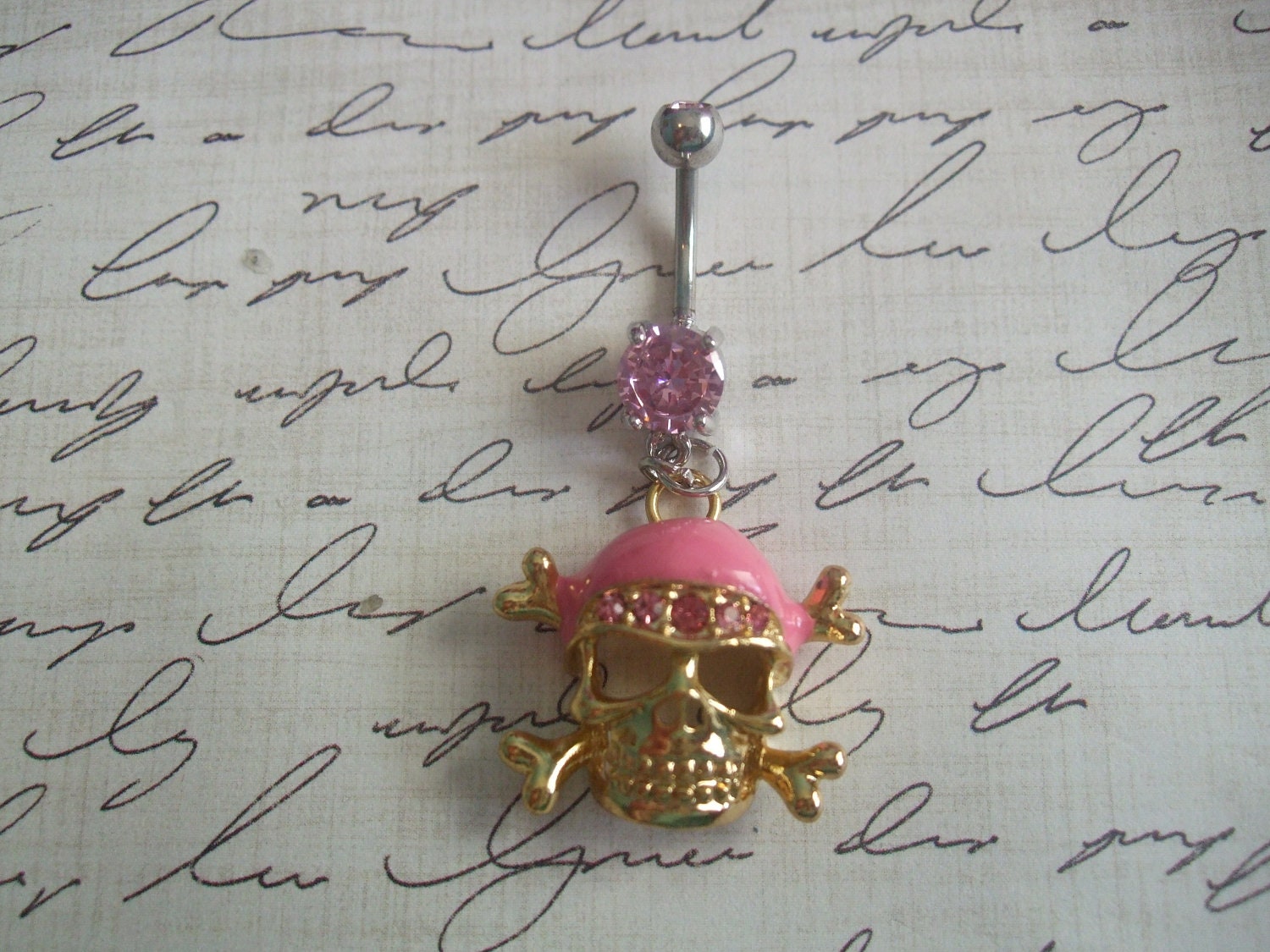 Pink and Gold Skull Rhinestone Navel Ring