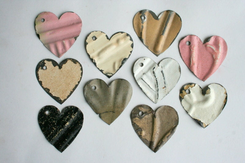 Ten Antique Tin Heart Shapes For Crafts or Jewelry