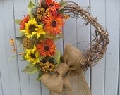 Sunflower Wreath with Burlap Bow - Front Door Wreath - Sunflower Decor - Yellow Wreath - Orange Wreath - Spring Wreath - Summer Wreath