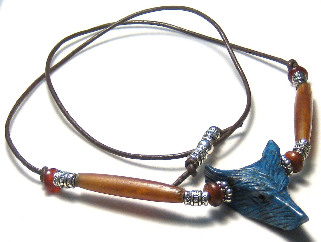 Blue Lapis Wolf Pendant Hairpipe Bead Leather Necklace