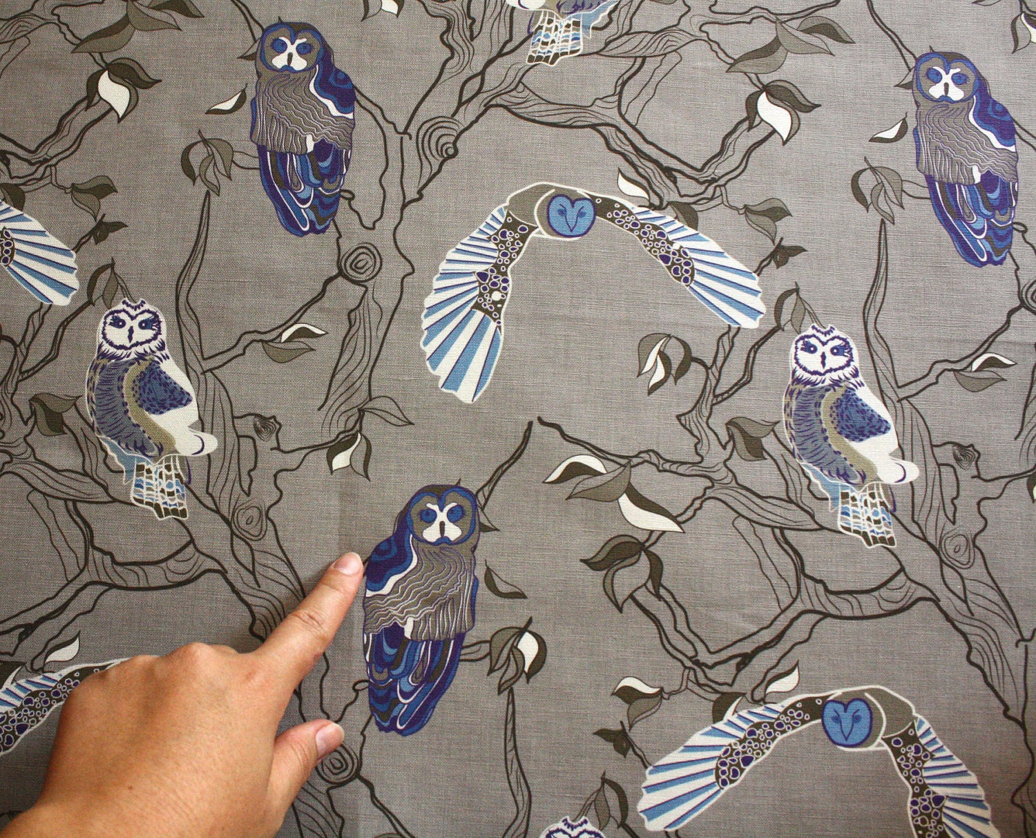 Fabric with owls -  Greys, blues, white - ready to ship