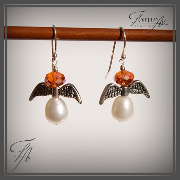 Angel White Pearl Drop Earrings in Sterling Silver, Swarovski Crystal, Dangle, Handmade, Wire wrapped