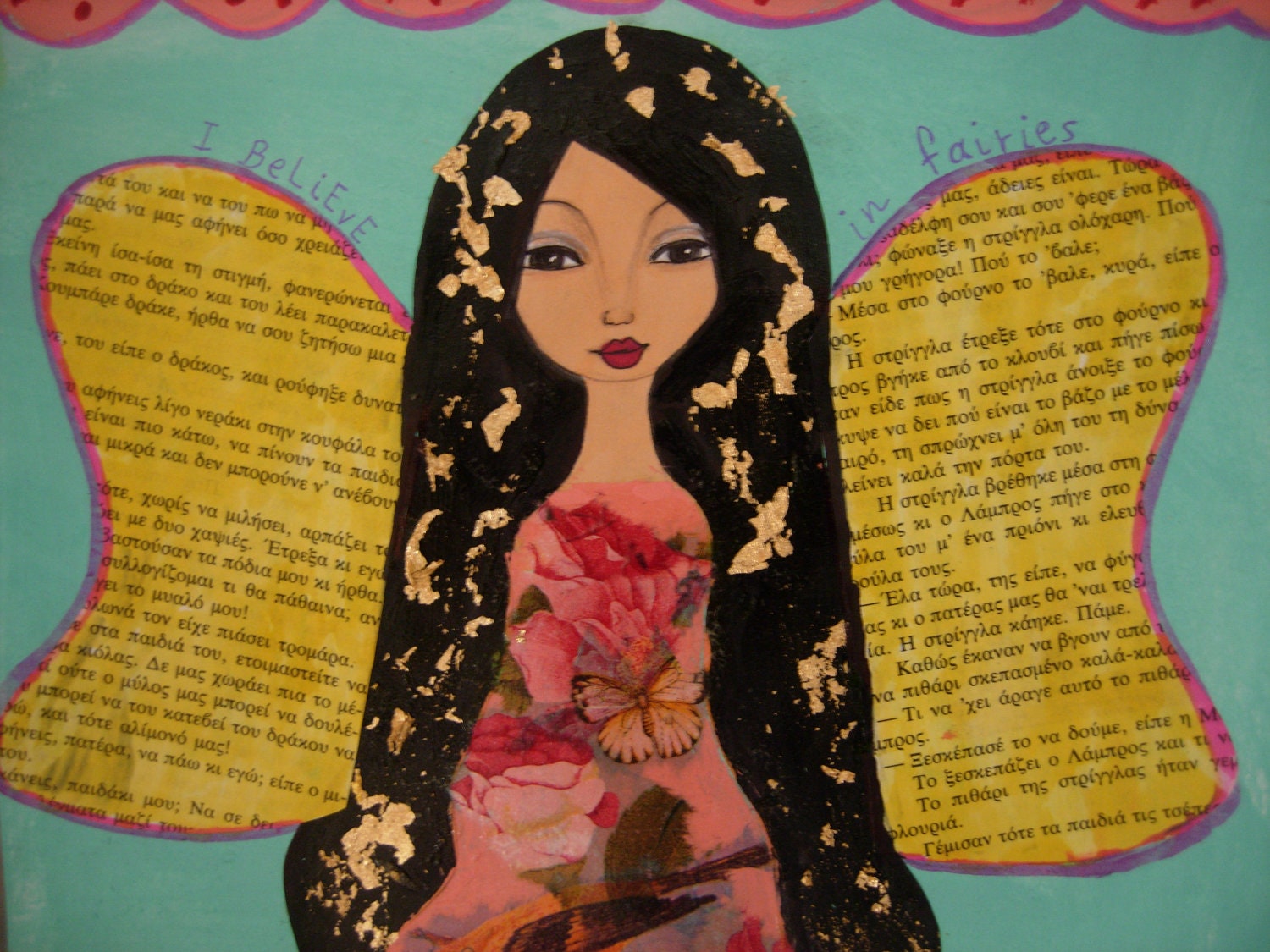 I Believe In Fairies -Original mixed media painting and collage on watercolor paper by a Pink Dreamer
