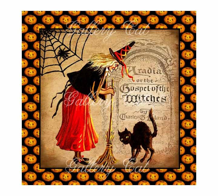 VINTAGE WITCH Digital Collage Sheet Cat Spider Web Broom for Halloween Scrapbooking Iron on Transfer Cards Paper Crafts by GalleryCat CS181