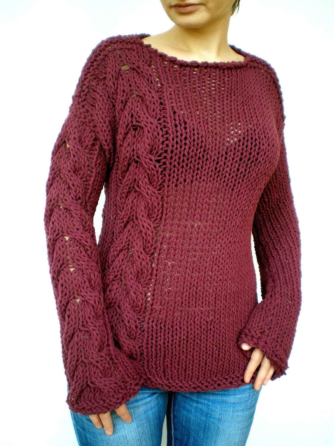 Bordeaux Cabled Sweater Trendy Chunky  Cotton Hand Knit Woman Sweater NEW COLLECTION