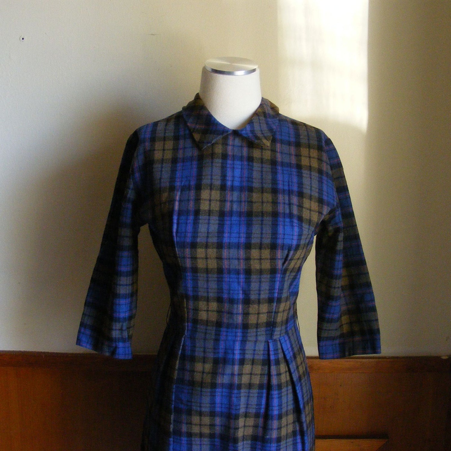 Vintage 50s wiggle dress plaid wool olive blue S