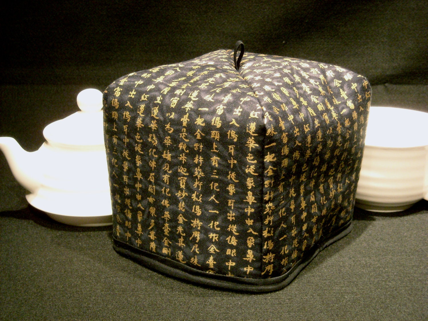Tea Cozy - Kanji Poem on Black (Personal - 1 to 3 Cup Teapots)