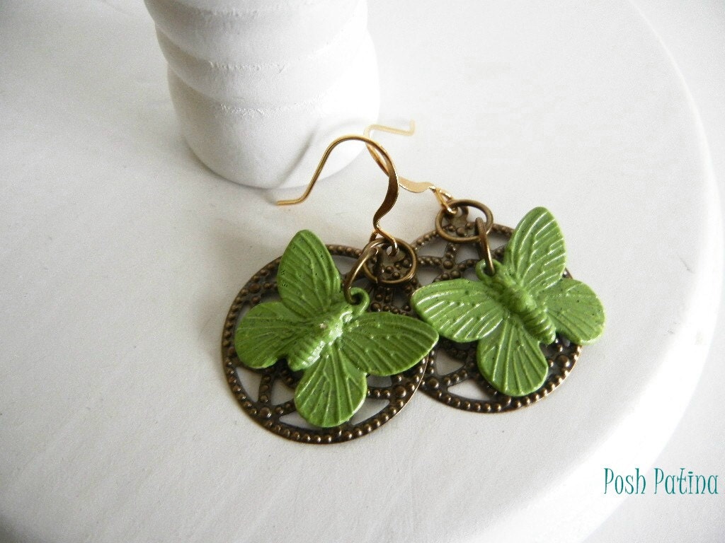 Green Butterfly Earrings, Dangle, Antiqued Brass Filigree, Hand Painted, Garden Earrings, Nature Inspired, Gift for Her