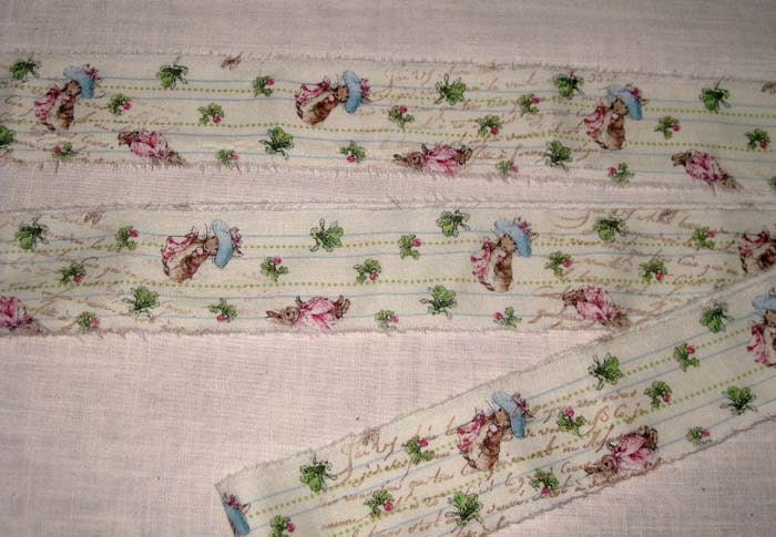 Spring Easter Peter Rabbit Hand Distressed and Hand Stamped Fringed Ribbon Twill Rabbit003 ECS
