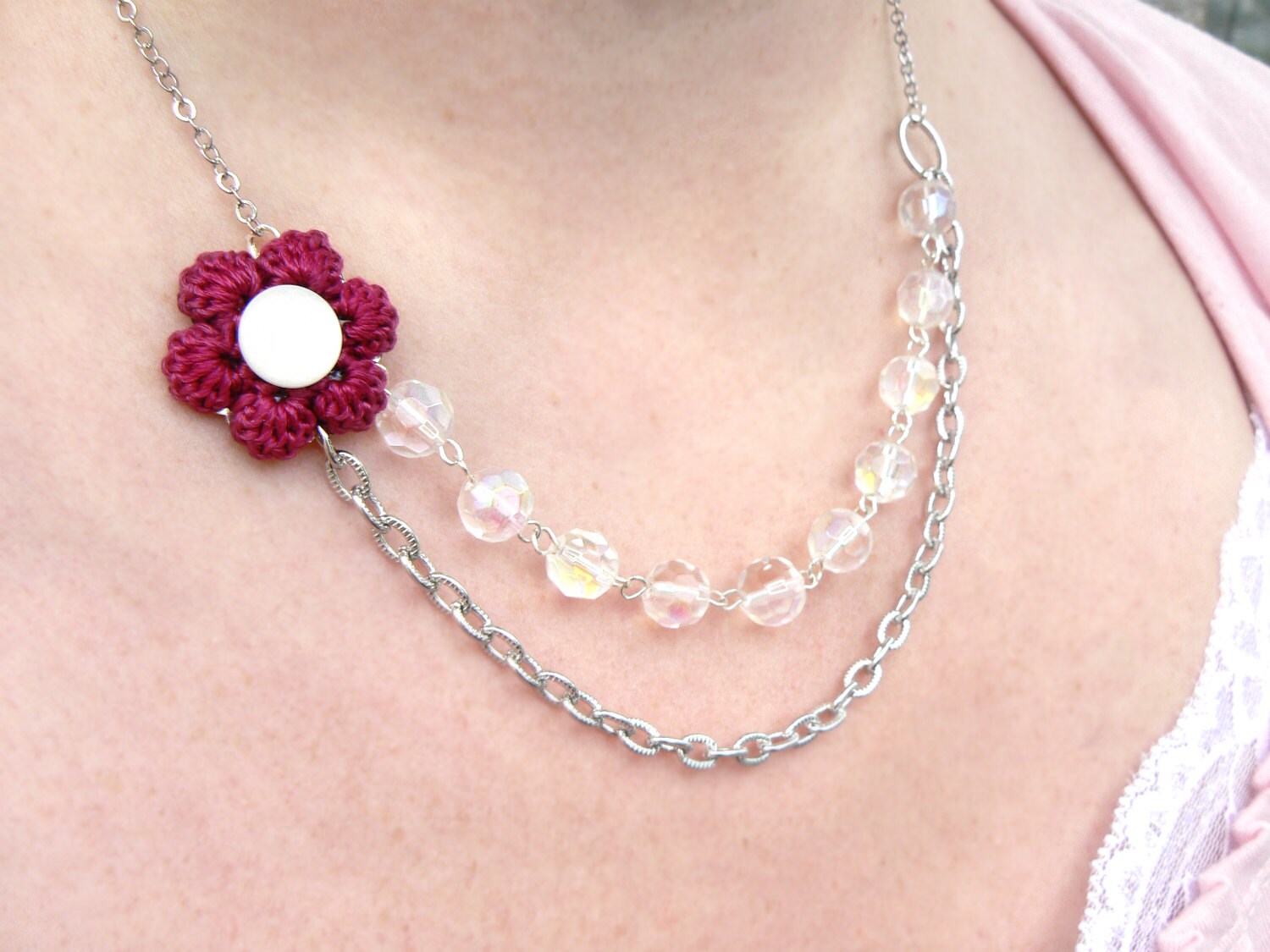 Crochet Flower Necklace with Magenta Cotton by ...