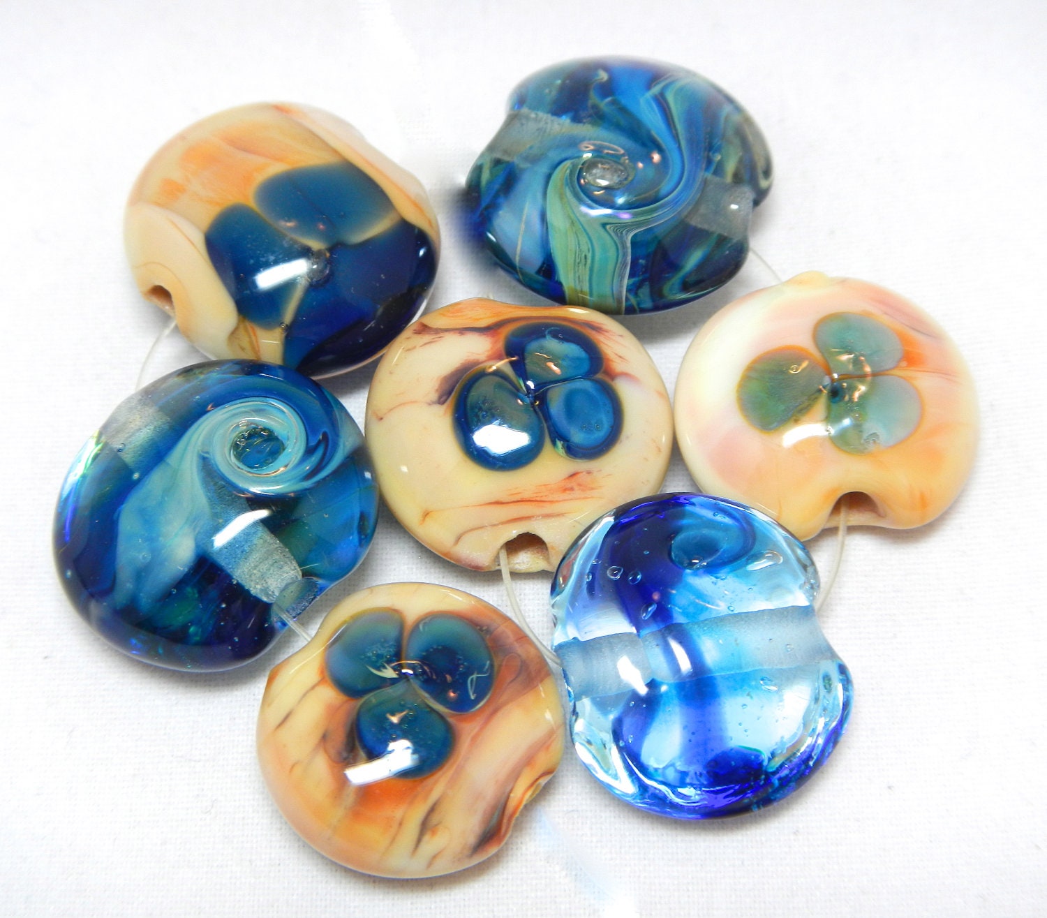 silver glass ocean waves SRA Handmade lampwork bead set of lentil focals for making jewelry 111712-2