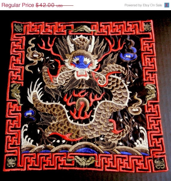 50% SALE Colorful Red and Black Machine Made CHINESE EMBROIDERY Square Patch for your Interior Design or Sewing Projects / 10 1/2" / eb15